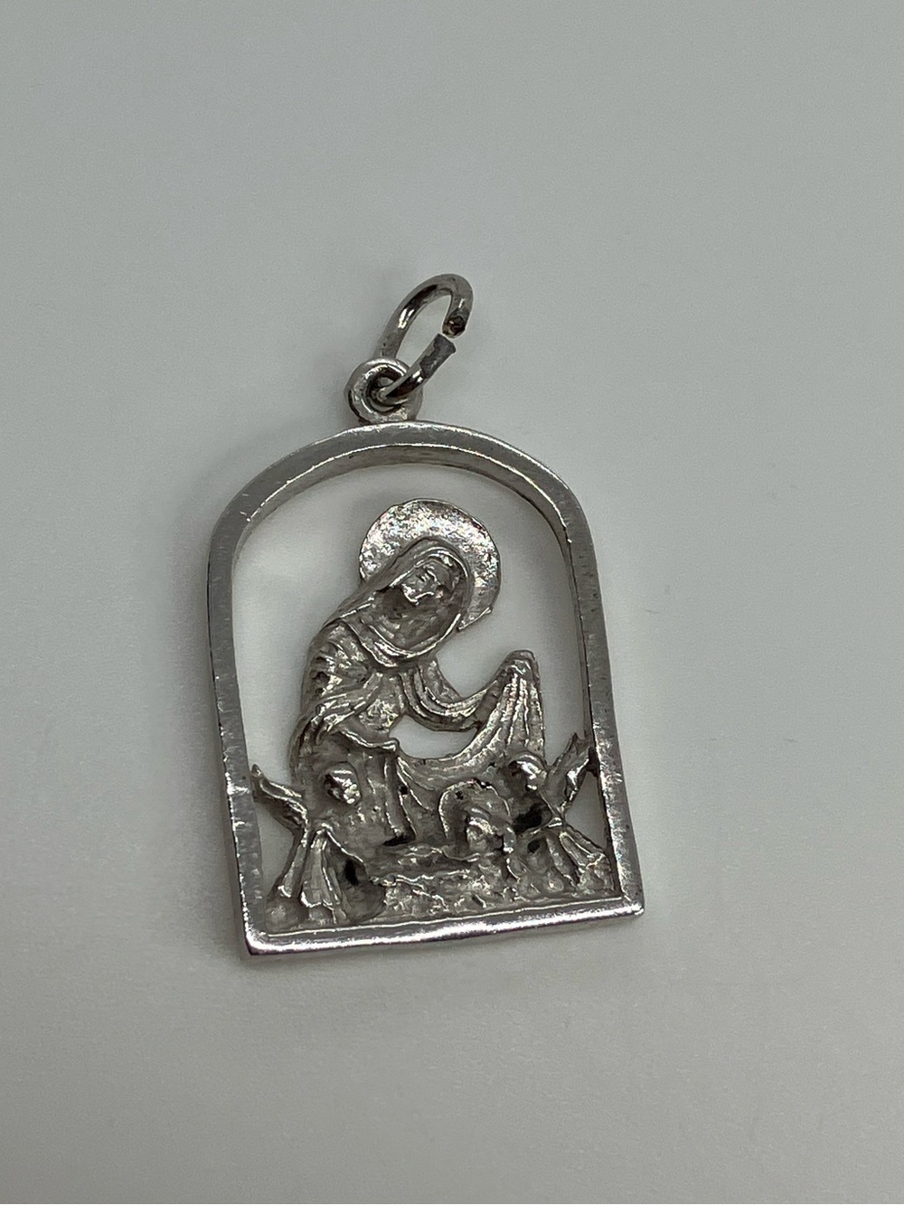 Vtg 925 Sterling Silver Virgin Mary Baby Jesus Manger Cutout Charm